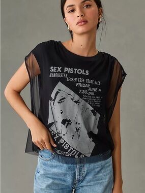 Pilcro Sex Pistols Graphic Mesh-Sleeve Black Tee